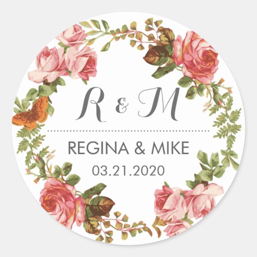 ピンクローズフローラリースモノグラム春の結婚式 ラウンドシール (正面)