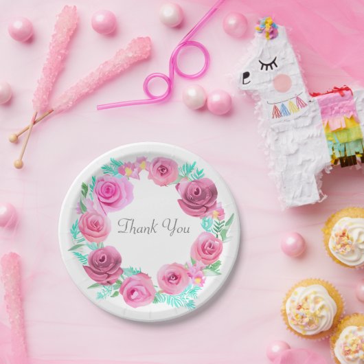 ピンクローズフローラリース ペーパープレート (パーティー)