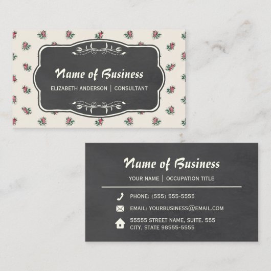 ピンクローズフローラヴィンテージ壁紙と黒板 名刺 (正面/裏面)
