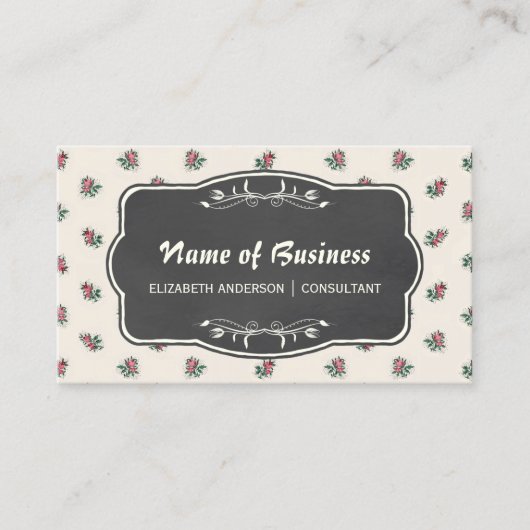 ピンクローズフローラヴィンテージ壁紙と黒板 名刺 (正面)