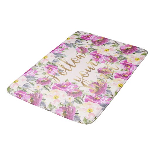 ピンクローズフローラ後を追金ゴールドユーハート バスマット (アングル)