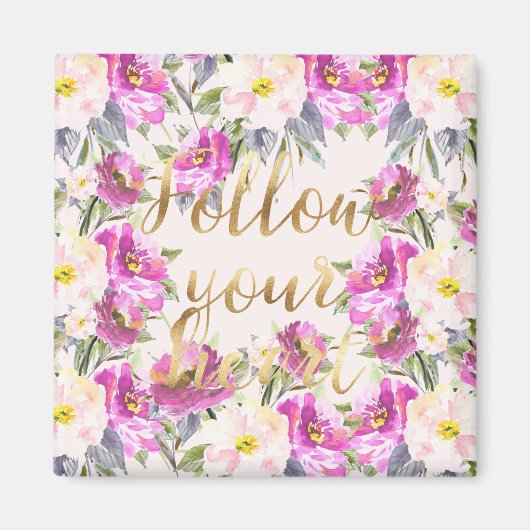 ピンクローズフローラ後を追金ゴールドユーハート マグネット (正面)