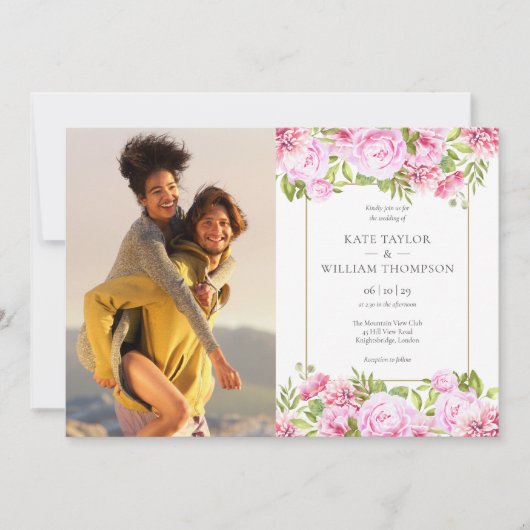 ピンクローズフローラ植物写真結婚ズ 招待状 (正面)