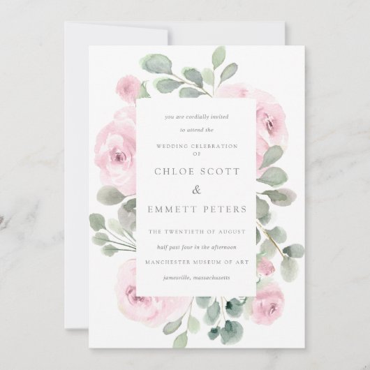 ピンクローズフローラ植物学結婚式招待状 招待状 (正面)