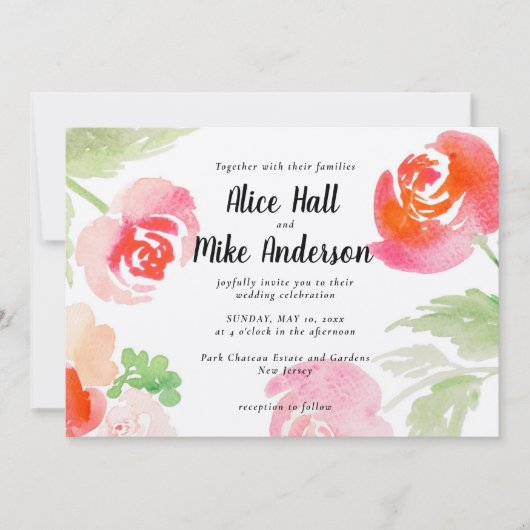 ピンクローズフローラ水彩 招待状 (正面)