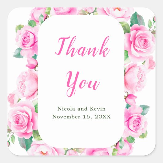 ピンクローズフローラ結婚ズ スクエアシール (正面)