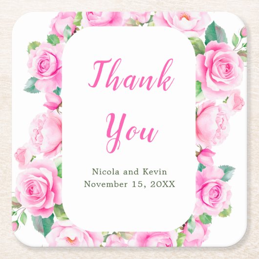 ピンクローズフローラ結婚ズ スクエアペーパーコースター (正面)