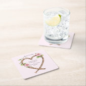 ピンクローズフローラ結婚ハート スクエアペーパーコースター (インサイチュ)