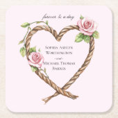 ピンクローズフローラ結婚ハート スクエアペーパーコースター (正面)