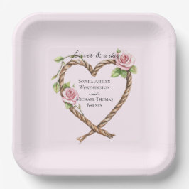 ピンクローズフローラ結婚ハート ペーパープレート
