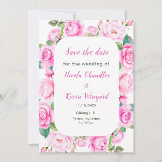 ピンクローズフローラ結婚式の日付を保存 セーブザデート (正面)