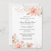 ピンクローズフローラ葉金ゴールドお祝いオブ・ライフ 招待状 (正面)