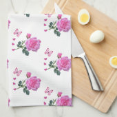 ピンクローズフローラ蝶ハートハンドタオル キッチンタオル (四つ折り)