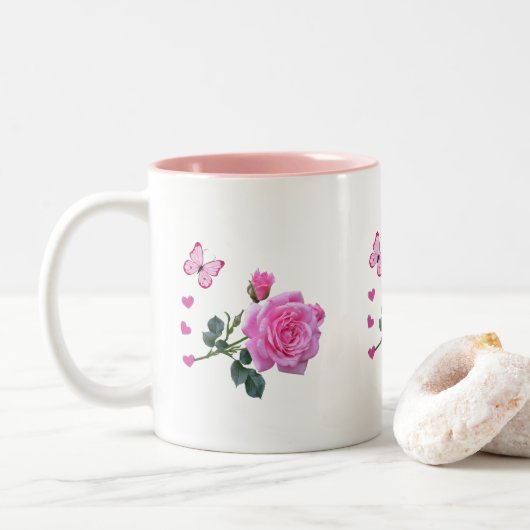 ピンクローズフローラ蝶ハートマグ ツートーンマグカップ (ドーナツ)