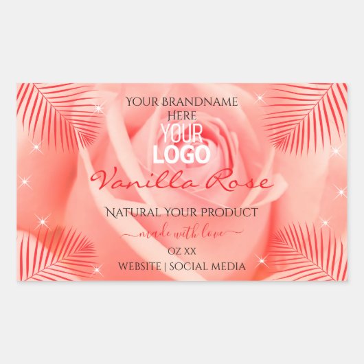 ピンクローズフローラ製品ラベルのパーム葉ロゴ 長方形シール (正面)