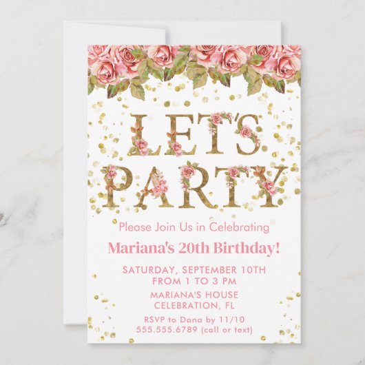ピンクローズフローラ誕生日パーティー 招待状 (正面)