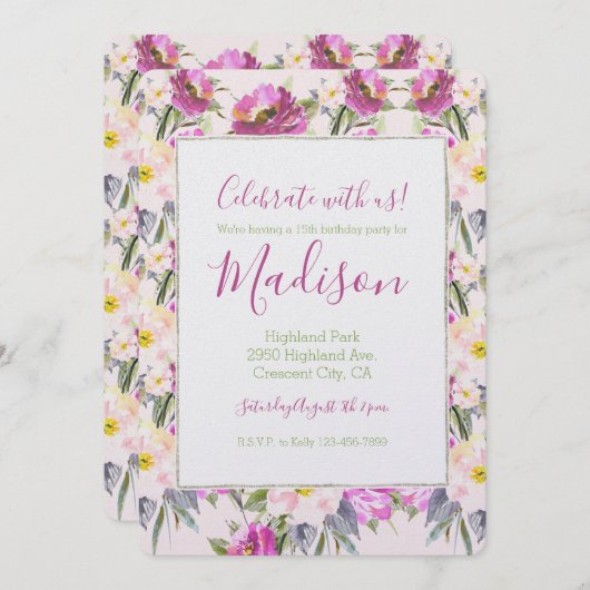 ピンクローズフローラ誕生日 招待状 (正面/裏面)