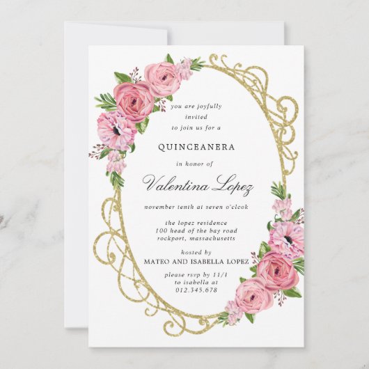 ピンクローズフローラ金ゴールドキンセアニェラ招待状 招待状 (正面)