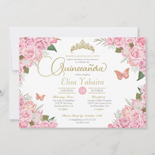 ピンクローズフローラ金ゴールドティアラバタフライキンセアニェラ 招待状 (正面)