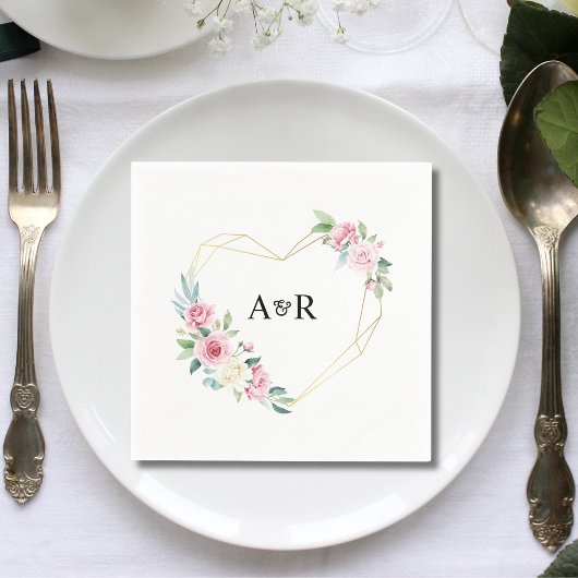 ピンクローズフローラ金ゴールドハート型フレーム結婚ズ スタンダードカクテルナプキン