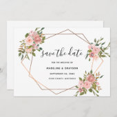 ピンクローズフローラ金ゴールドフレームジオメト結婚リ セーブザデート (正面/裏面)