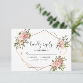 ピンクローズフローラ金ゴールドフレームジオメト結婚リ 出欠カード (スタンド正面)