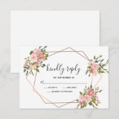 ピンクローズフローラ金ゴールドフレームジオメト結婚リ 出欠カード (正面/裏面)