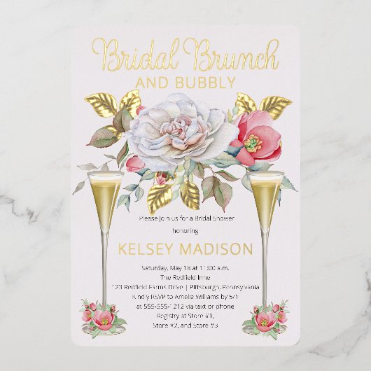 ピンクローズフローラ開花ブライダルブランチアンドバブリー 箔招待状 (正面)