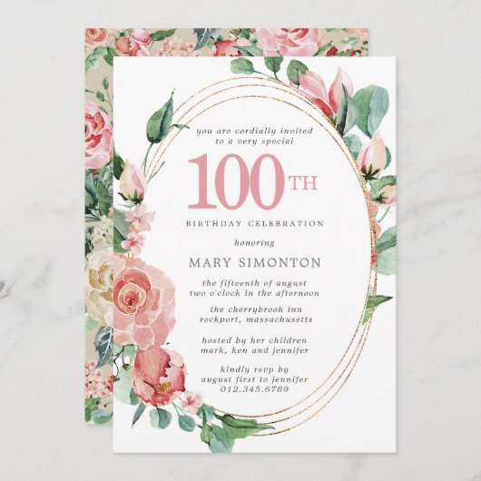 ピンクローズフローラ100thバースデーパーティー 招待状 (正面/裏面)
