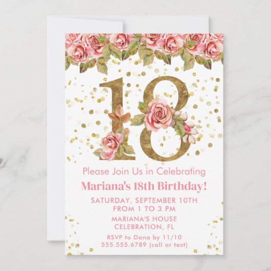 ピンクローズフローラ18thバースデーパーティー 招待状 (正面)