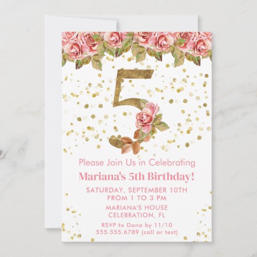 ピンクローズフローラ5thバースデーパーティー 招待状 (正面)