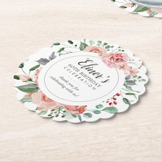 ピンクローズフローラ60誕生日ありがとう ペーパーコースター (アングル)