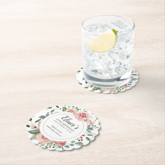 ピンクローズフローラ60誕生日ありがとう ペーパーコースター (インサイチュ)