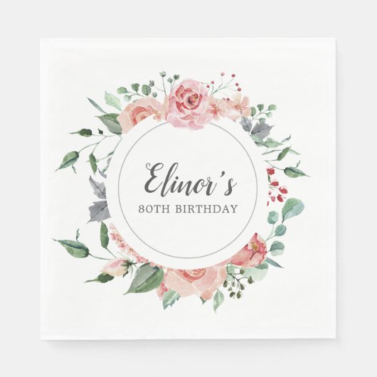 ピンクローズフローラ80誕生日ありがとう スタンダードランチョンナプキン (正面)