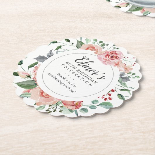 ピンクローズフローラ80誕生日ありがとう ペーパーコースター (アングル)