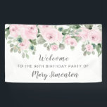 ピンクローズフローラ90th Birthday Party Welcome 横断幕<br><div class="desc">美しいバラは素晴らし90th誕生日パーティー歓迎バナーを作成する。ピンクのバラの豪華なアレンジと様々なつる植物や離れが、非常にモダンフローラデザイン。それは少しボホシックな雰囲気を持って、ダングリングつる植物や離れ。</div>