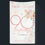 ピンクローズフローラ90th Birthday Party Welcome 横断幕<br><div class="desc">ピンクのバラフローラ90thバースデーパーティーへようこそバナー。そしてフェミニン繊細なピンクのフローラと植物学的なテーマの誕生日パーティーの招待状。美しい水色の花と自分のカスタム花に変更できる写真が特徴！デザイナーは常に救済準備ができている連絡もし、あなたは下の青いメッセージのボタンにこのデザインを必要としているのCD!**写真を正しくアップロードするには、まず写真をアップロードする前に、その人物の顔を持つ正方形にあなたの画像をトリミングする。</div>