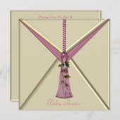 ピンクローズブドタッセルベビーガールシャワー招待状 招待状 (正面/裏面)