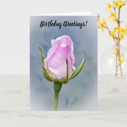 ピンクローズブドフラワーアート誕生日カード カード (黄色い花)