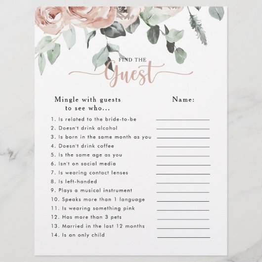 ピンクローズブライダルシャワーゲストゲームを見つける (正面)