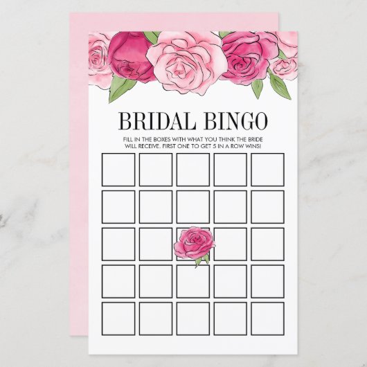 ピンクローズブライダルシャワービンゴゲームカード (正面/裏面)