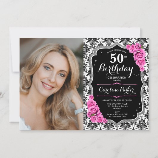 ピンクローズブラックシルバーダマスク写真50誕生日 招待状 (正面)