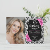 ピンクローズブラックシルバーダマスク写真50誕生日 招待状 (スタンド正面)
