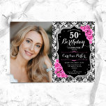 ピンクローズブラックシルバーダマスク写真50誕生日 招待状<br><div class="desc">エレガントフローラ50歳のフェミニン誕生日の招待状と写真。グラム白黒ピンクデザインとフェイクグリッター銀。黒と白のダマスクパターン、ピンクのバラ、スクリプトのフォントと紙吹雪を備えている。大人スタイリッシュのお祝いパーティーに最適。独自の詳細でパーソナライズどんなカスタマイズ年でもいい！印刷されたZazzle招待状または即時ダウンロードのデジタル印刷可能なテンプレート。</div>