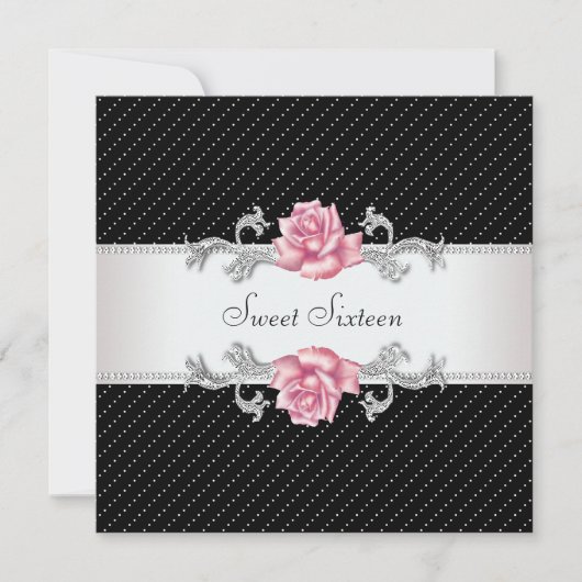 ピンクローズブラックスウィート16誕生日パーティー 招待状 (正面)