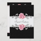 ピンクローズブラック水玉模様Sweet sixteen誕生日 招待状 (正面/裏面)