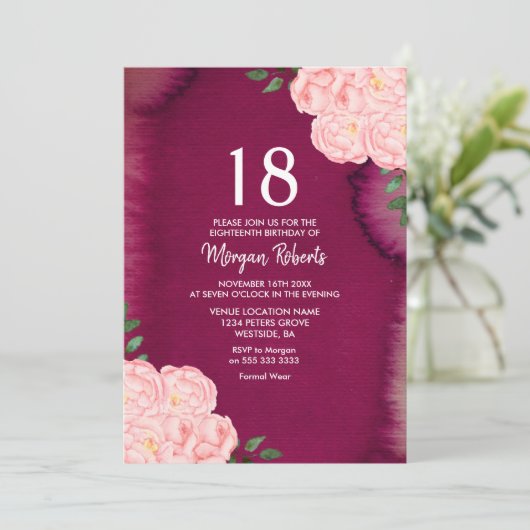 ピンクローズブルガンディーパープル18誕生日招待状 招待状 (スタンド正面)
