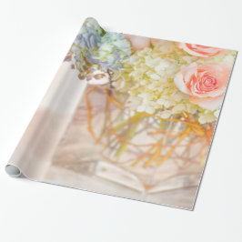 ピンクローズブルーアジサイ花瓶ブーケバラ花 ラッピングペーパー