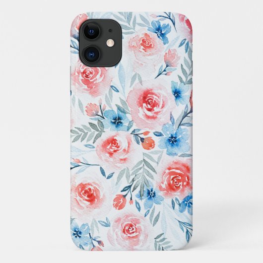 ピンクローズブルーフラワーズ水彩花柄 Case-Mate iPhoneケース (裏面)