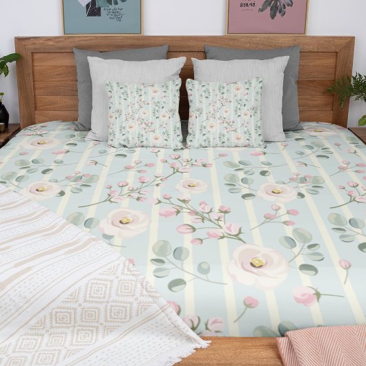 ピンクローズブルーホワイトストライプズ フリースブランケット